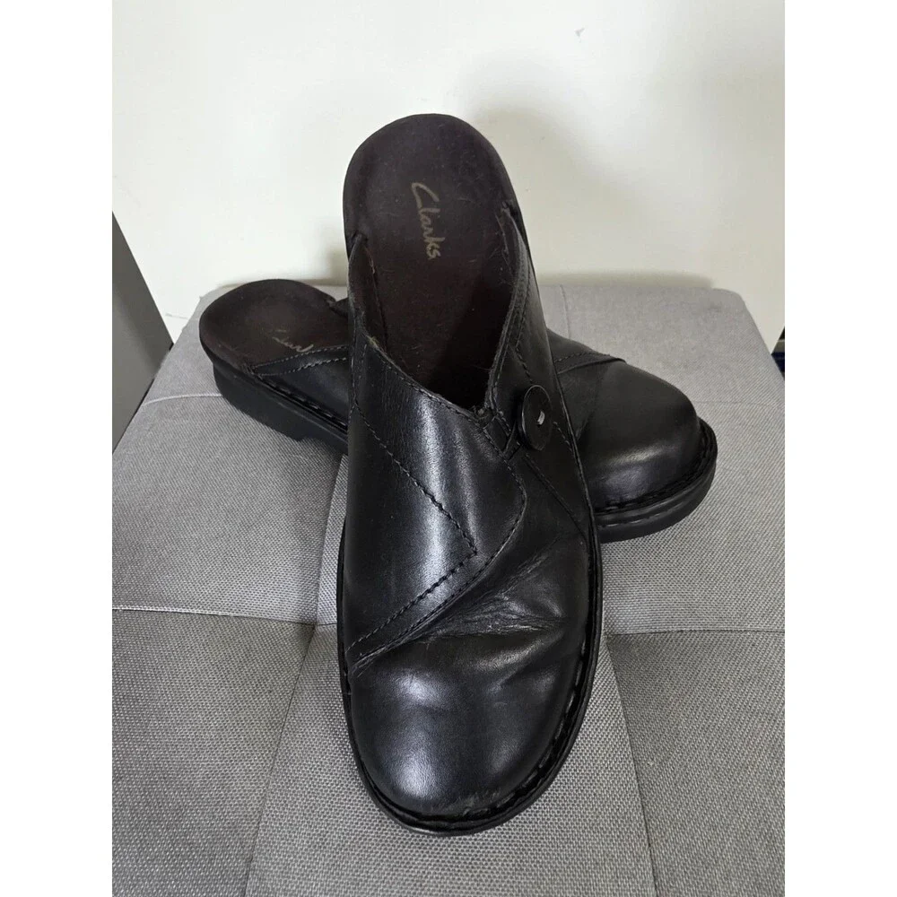 HtF AllYear Clark’s Black Leather Mules Slip On Clogs Wedge Heel Comfort Size 9M